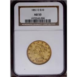 1851-O $10 AU53 NGC. A greenish-gold pi