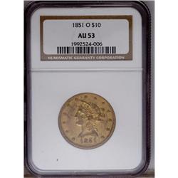 1851-O $10 AU53 NGC. Substantial glowin