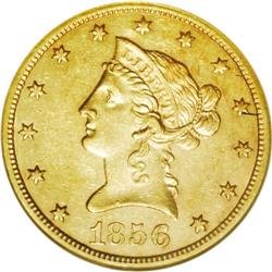 1856-S $10 AU58 NGC. An intricately str
