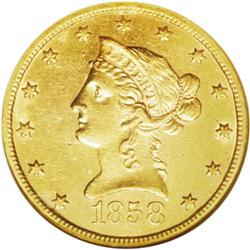 1858-S $10 AU55 NGC. A sharply struck e