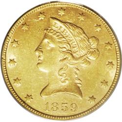 1859 $10 AU58 PCGS. Rich orange-gold lu