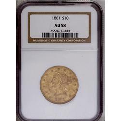 1861 $10 AU58 NGC. Bulging or six-fold 