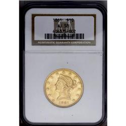 1861 $10 AU58 NGC. Traces of luster are