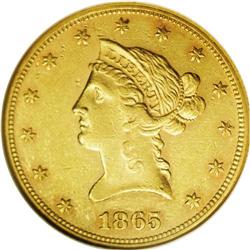 1865 $10 AU55 NGC. Doubling on the reve