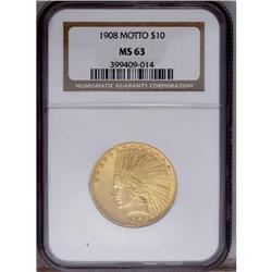1908 $10 Motto MS63 NGC. This lustrous 