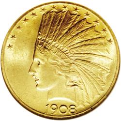 1908 $10 Motto MS64 NGC. Sharply struck