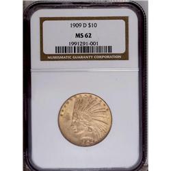 1909-D $10 MS62 NGC. Fully lustrous tan