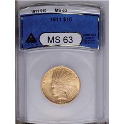 "1911 $10 MS63 ANACS. Yellow-gold, flash"