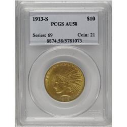 1913-S $10 AU58 PCGS. A scarce issue fr