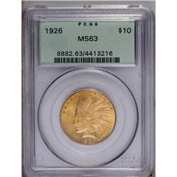 "1926 $10 MS63 PCGS. Nicely struck, with"
