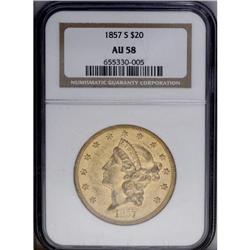 1857-S $20 AU58 NGC. Variety 20A. Spike