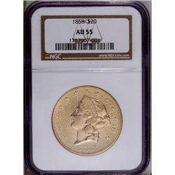1858 $20 AU55 NGC. Bright peach-gold su
