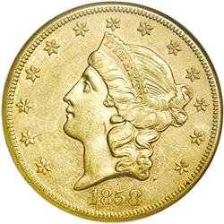1858-S $20 AU58 NGC. A precisely struck