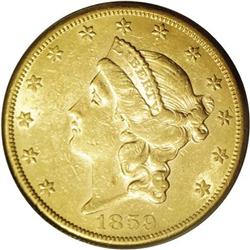 1859-S $20 AU55 PCGS. Most known exampl