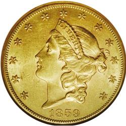 1859-S $20 AU58 NGC. A mostly lustrous 