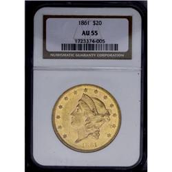 1861 $20 AU55 NGC. An attractive aprico