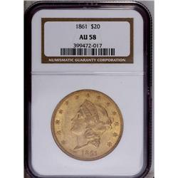 1861 $20 AU58 NGC. Honey-gold surfaces 