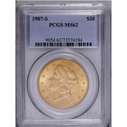 1907-S $20 MS62 PCGS. A satiny and mode