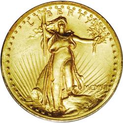 "1907 $20 High Relief, Wire Rim MS64 PCG"