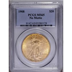 1908 $20 No Motto MS65 PCGS. Short rays