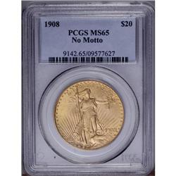 1908 $20 No Motto MS65 PCGS. Long rays 