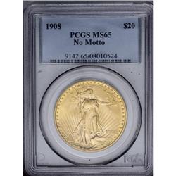 1908 $20 No Motto MS65 PCGS. This Gem N