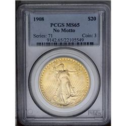 1908 $20 No Motto MS65 PCGS. Lovely ora