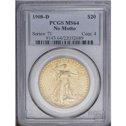 1908-D $20 No Motto MS64 PCGS. Boldly s