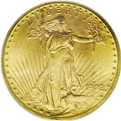 1908-D $20 No Motto MS65 PCGS. Long ray
