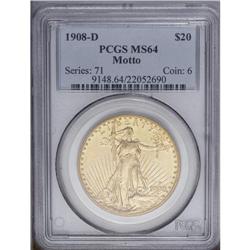 1908-D $20 Motto MS64 PCGS. Pleasing lu