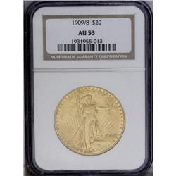 1909/8 $20 AU53 NGC. Light friction on 