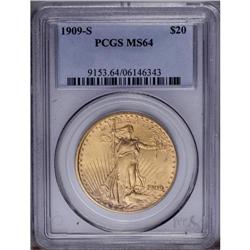 1909-S $20 MS64 PCGS. Well struck with 