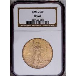 "1909-S $20 MS64 NGC. Nicely struck, wit"