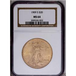 1909-S $20 MS64 NGC. A satiny pale copp