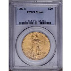 1909-S $20 MS64 PCGS. Lustrous apricot-