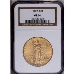 1910-S $20 MS64 NGC. A satiny and boldl