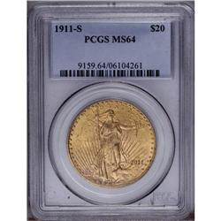 1911-S $20 MS64 PCGS. An attractive nea