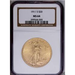 1911-S $20 MS64 NGC. Softly struck on t