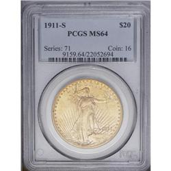 1911-S $20 MS64 PCGS. Softly frosted mi