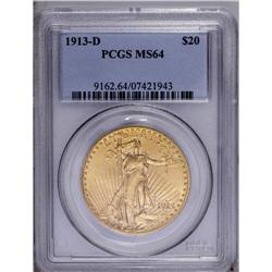 1913-D $20 MS64 PCGS. A rich orange-yel