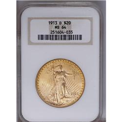 1913-D $20 MS64 NGC. A lightly toned ne
