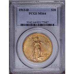 1913-D $20 MS64 PCGS. A gorgeous near-G