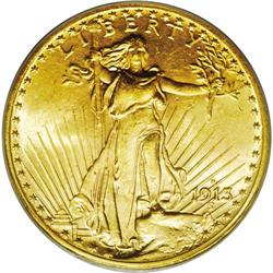 "1913-S $20 MS64 PCGS. Bright, lustrous,"
