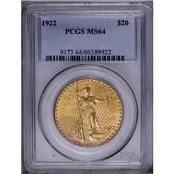 1922 $20 MS64 PCGS. Bright peach-gold p