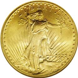 1922 $20 MS65 NGC. Deep orange-gold and