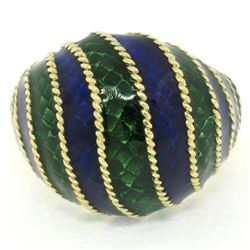 Vintage 18kt Yellow Gold Striped Blue and Green Enamel Dome Ring