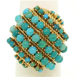 Vintage Large 18k Yellow Gold 50 Natural Round Turquoise Wire Dome Cocktail Ring