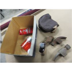 BOX OF TOILETRIES, HAMMER HEADS, MISC