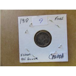 1918 CANADA SILVER FIVE CENT COIN (FINE)