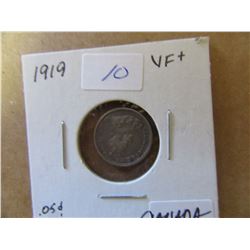 1919 CANADA SILVER FIVE CENT COIN (VF+)